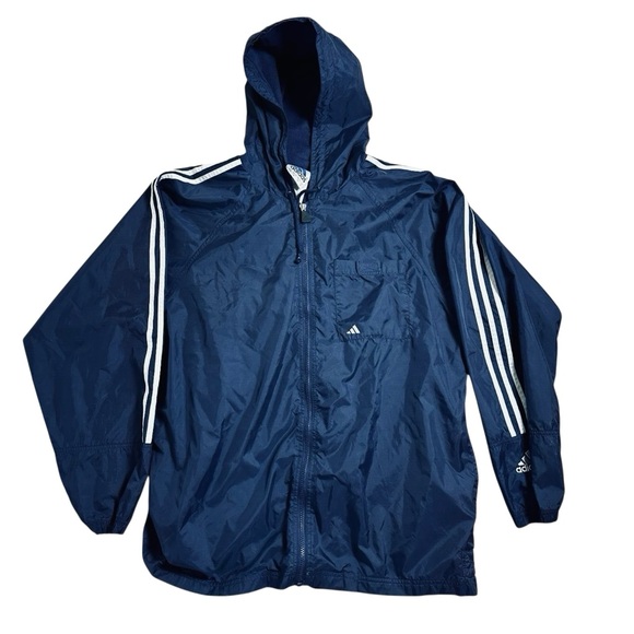 Adidas 90s Navy Hooded Jacket Full Zip Hood White Stripes 2XL Vintage Oversized - Picture 1 of 8